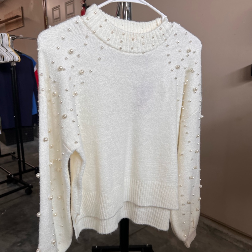 Sincerely Jules Cream Pearl-Embellished Turtleneck Sweater